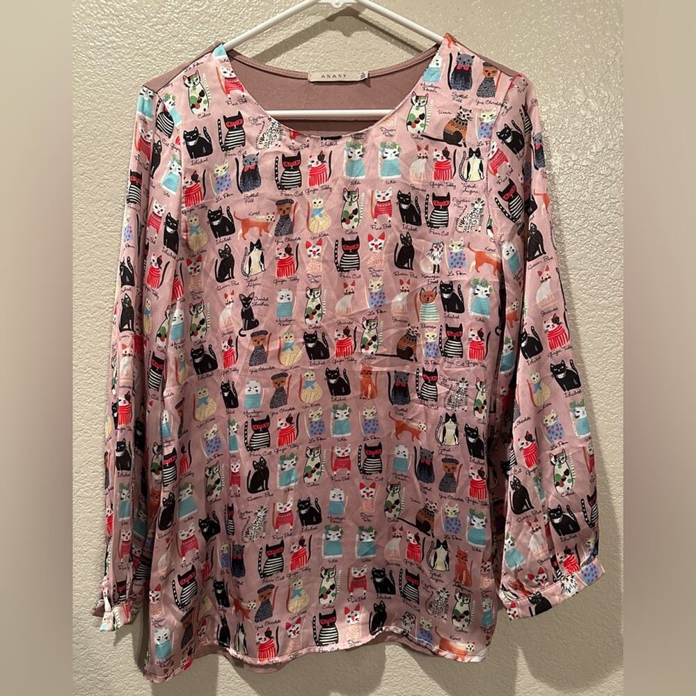 Anany Pink Cat satin Sheen Top with button 3/4 Sleeves Sz S